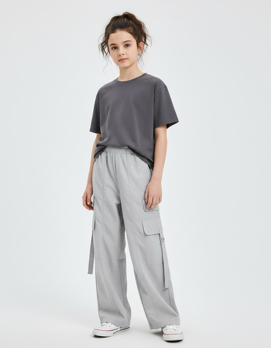 Pantalon Beige Cargo Droit Ample Enfant Fille - Gris Polyester