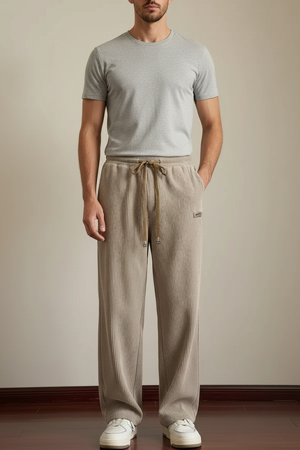 Pantalon Beige Côtelé Ample Droit Homme Décontracté - Cordé