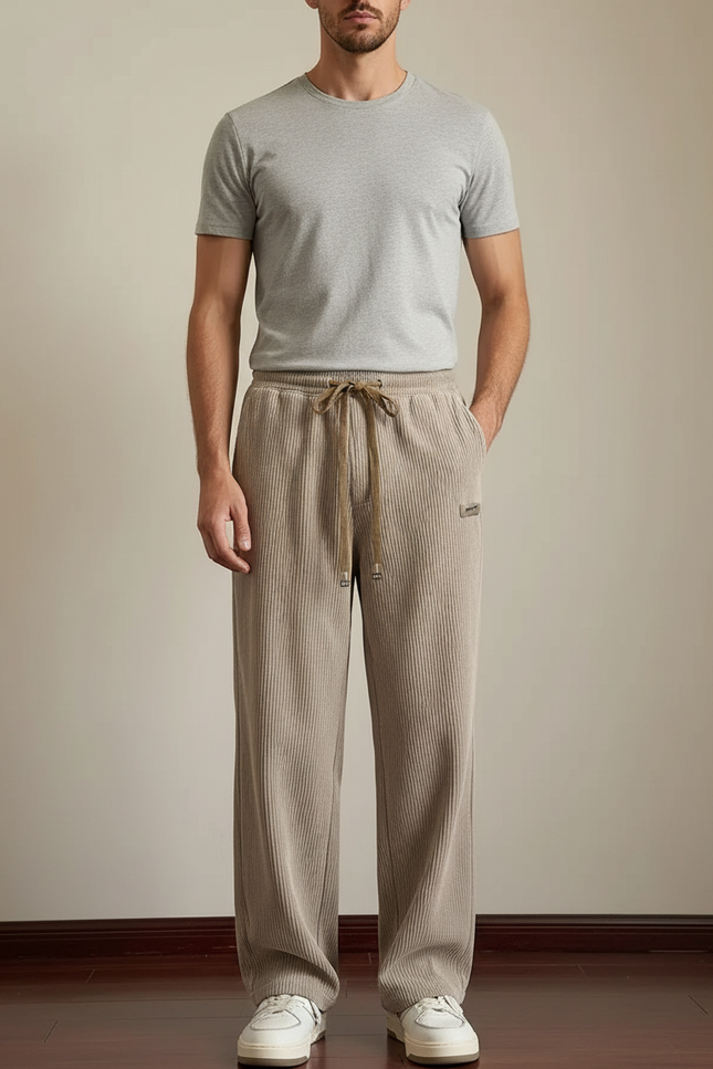 Pantalon Beige Côtelé Ample Droit Homme Décontracté - Cordé
