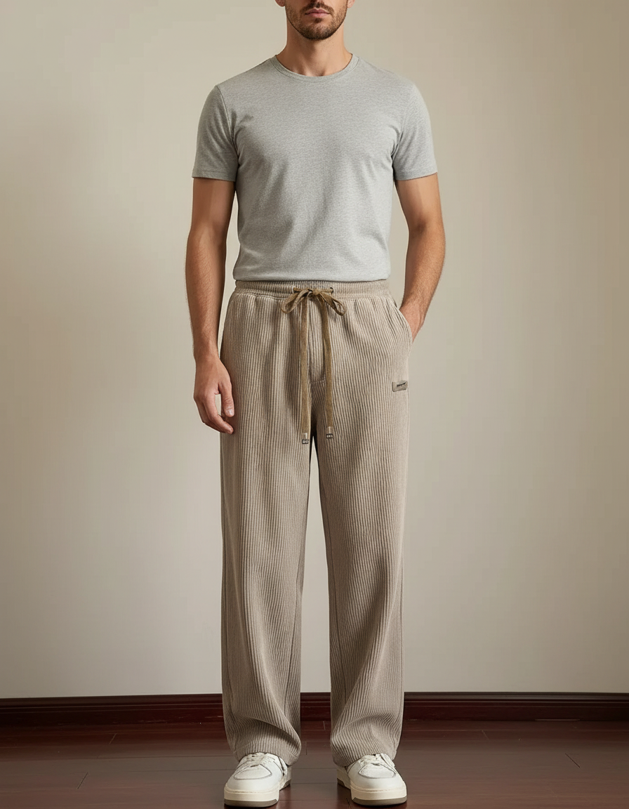 Pantalon Beige Côtelé Ample Droit Homme Décontracté - Cordé
