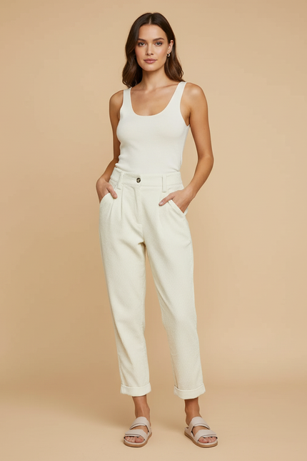 Pantalon Beige Côtelé Droit Décontracté Taille Haute - Cordé