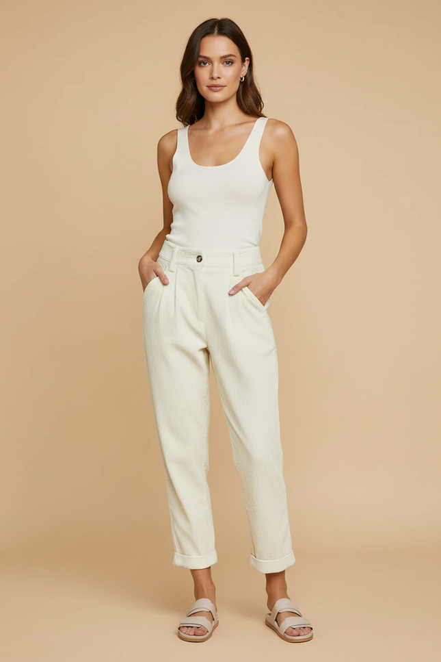 Pantalon Beige Côtelé Droit Décontracté Taille Haute - Cordé