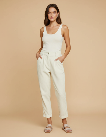 Pantalon Beige Côtelé Droit Décontracté Taille Haute - Cordé