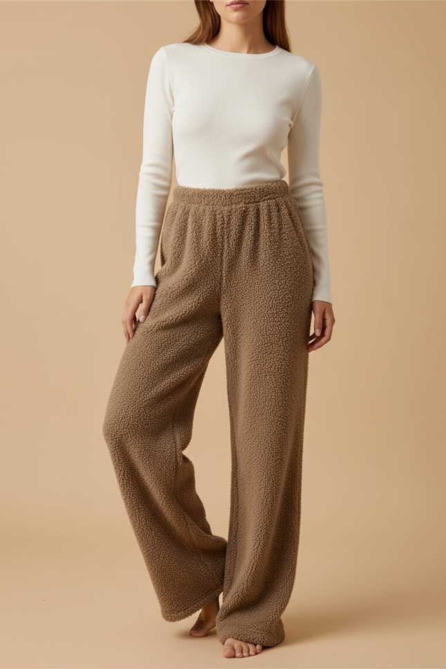 Pantalon Beige Polaire Ample Décontracté Chaud Femme Hiver - Marron Molleton