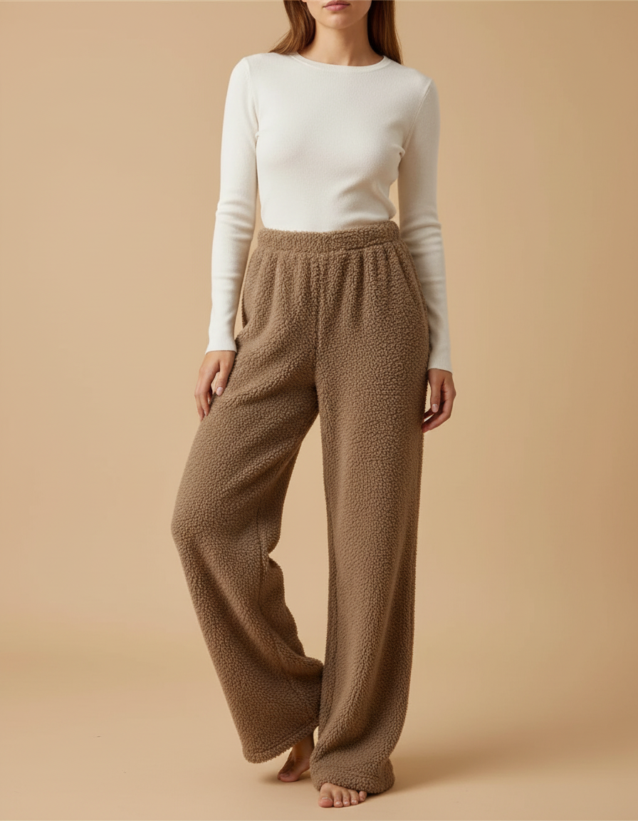 Pantalon Beige Polaire Ample Décontracté Chaud Femme Hiver - Marron Molleton
