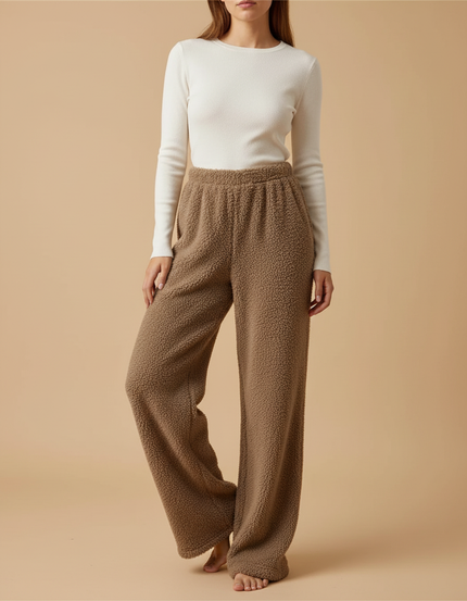 Pantalon Beige Polaire Ample Décontracté Chaud Femme Hiver - Marron Molleton