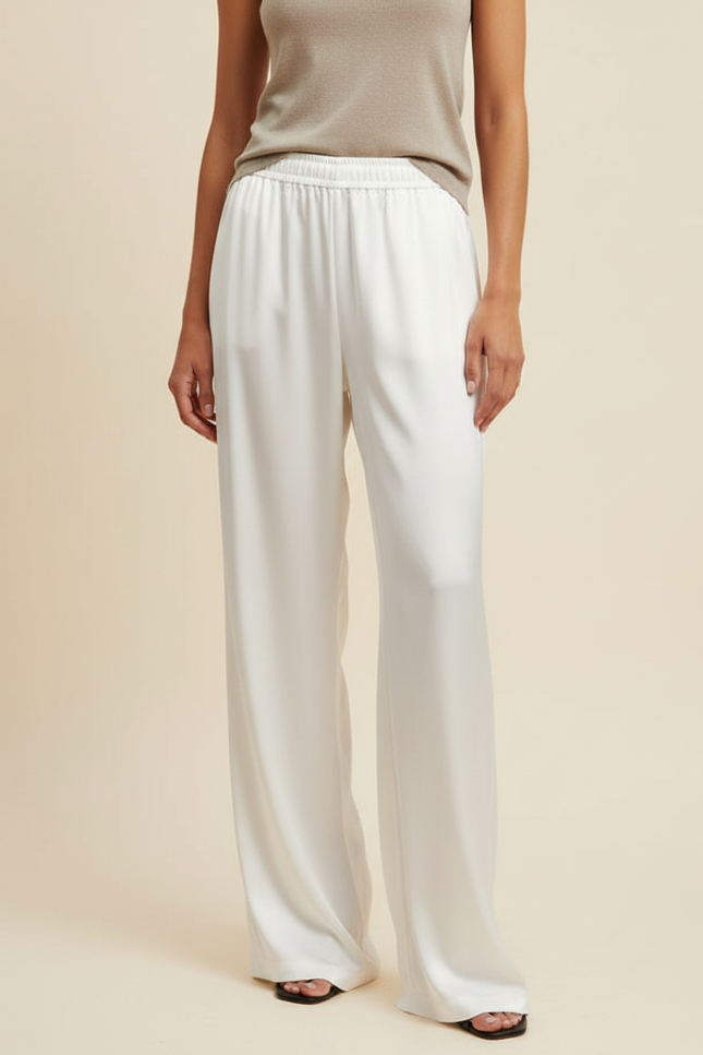 Pantalon Beige Fluide Ample Satiné Élastique Chic - Blanc