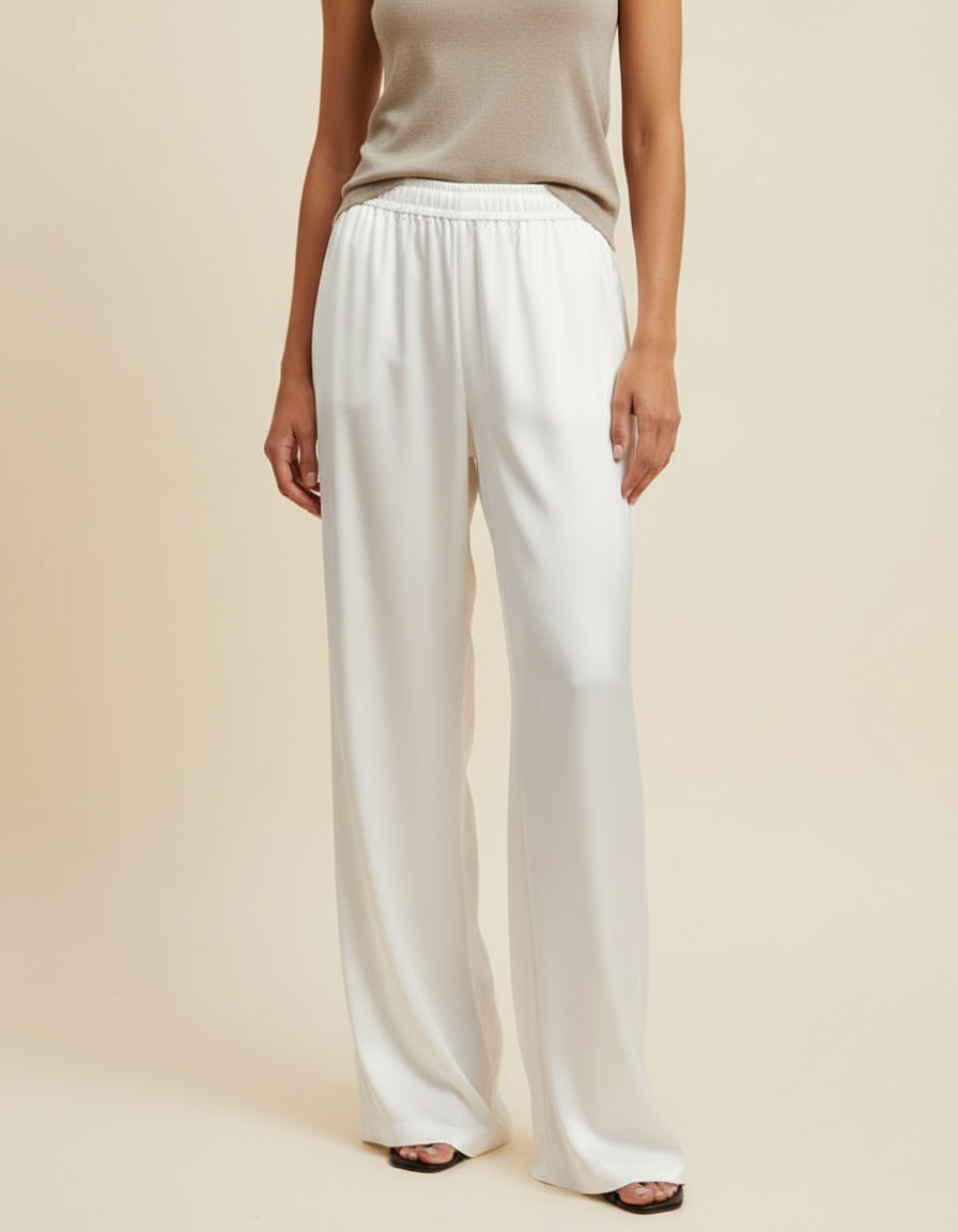 Pantalon Beige Fluide Ample Satiné Élastique Chic - Blanc