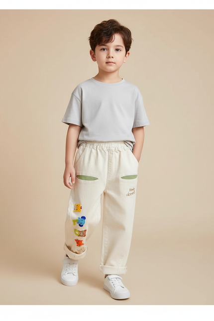 Pantalon Beige Décontracté Brodé Ample Enfant Mignon - Toile