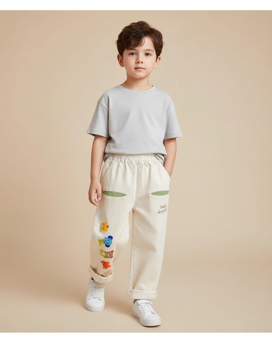 Pantalon Beige Décontracté Brodé Ample Enfant Mignon - Toile