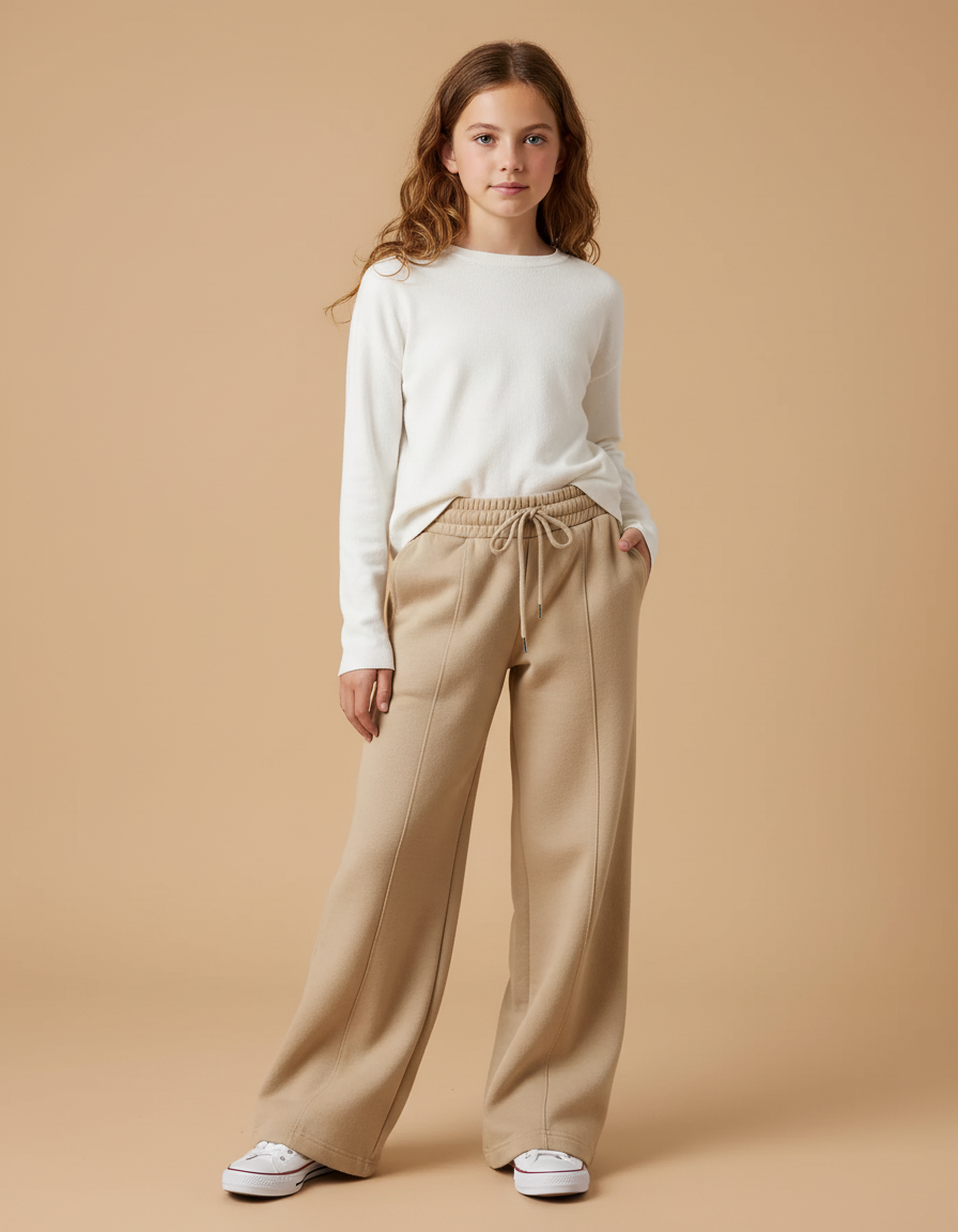 Pantalon Beige Large Décontracté Confortable Fille - Molleton