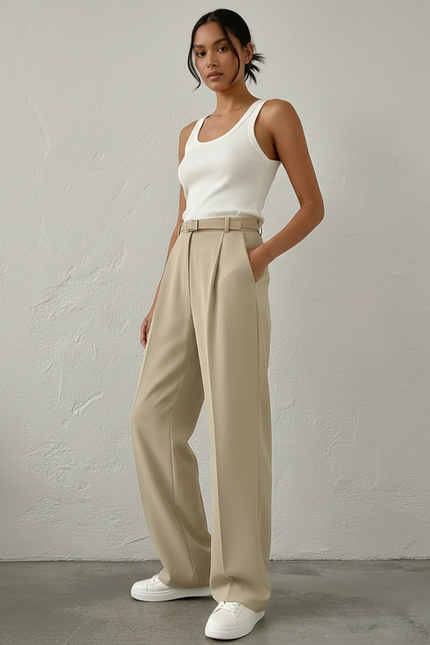 Pantalon Beige Large Plissé Chic Taille Haute Femme - Gabardine