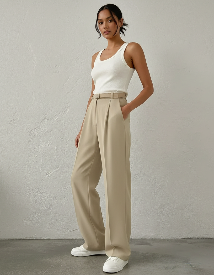 Pantalon Beige Large Plissé Chic Taille Haute Femme - Gabardine
