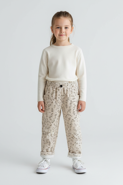 Pantalon Beige Côtelé Imprimé Floral Ample Enfant - Cordé