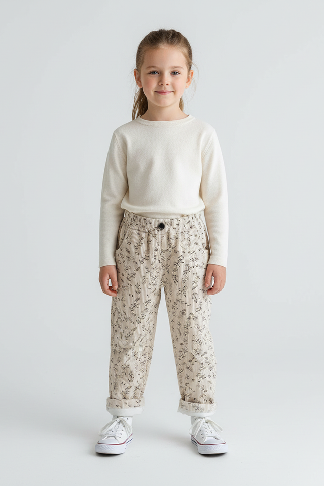 Pantalon Beige Côtelé Imprimé Floral Ample Enfant - Cordé
