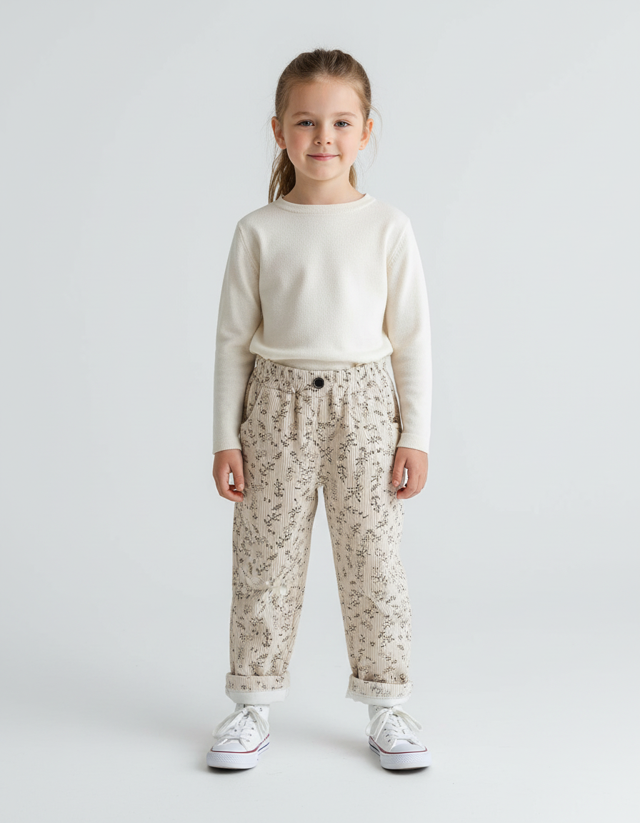 Pantalon Beige Côtelé Imprimé Floral Ample Enfant - Cordé