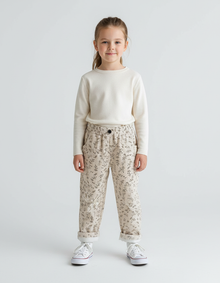 Pantalon Beige Côtelé Imprimé Floral Ample Enfant - Cordé
