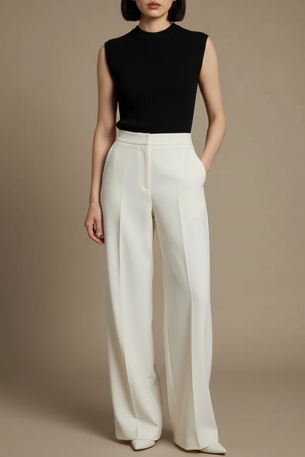 Pantalon Beige Large Fluide Élégant Femme - Blanc Gabardine