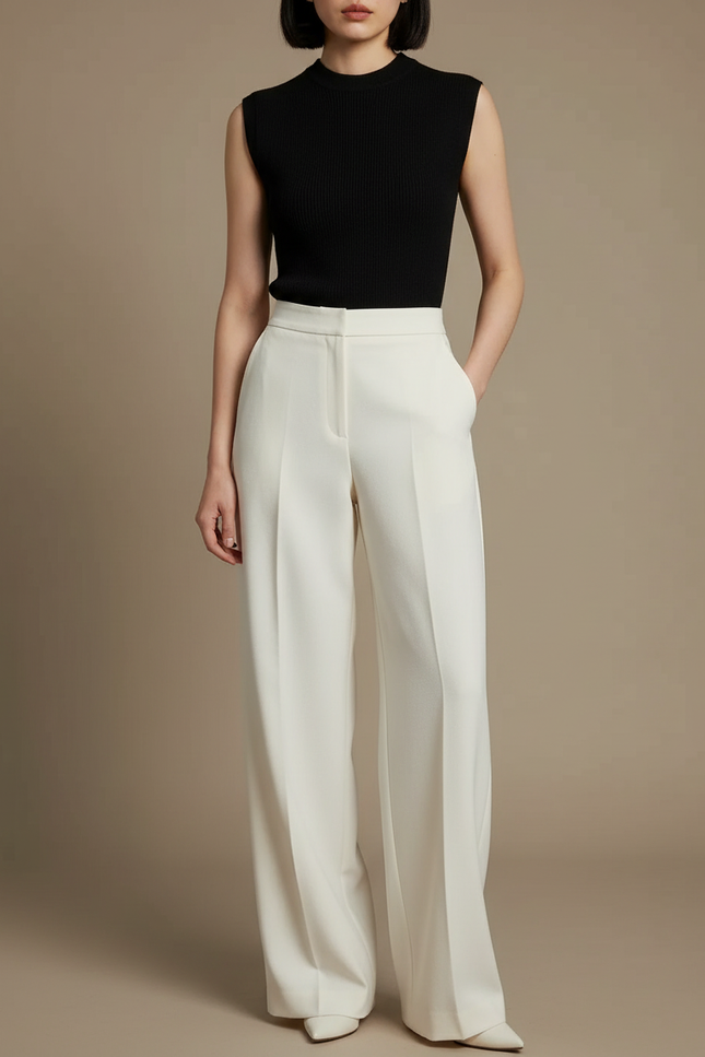 Pantalon Beige Large Fluide Élégant Femme - Blanc Gabardine