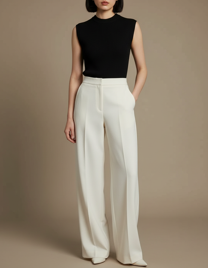 Pantalon Beige Large Fluide Élégant Femme - Blanc Gabardine