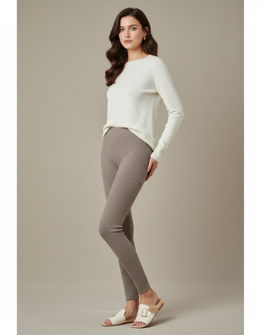 Pantalon Beige Laine Maille Côtelée Élastique Confortable