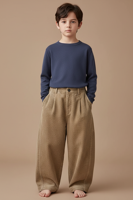 Pantalon Beige Côtelé Ample Enfant Décontracté Uni - Cordé