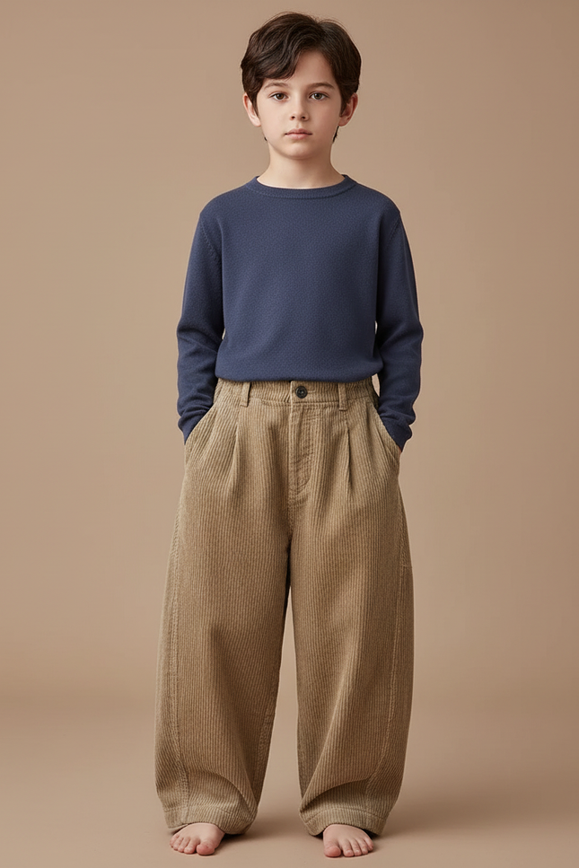 Pantalon Beige Côtelé Ample Enfant Décontracté Uni - Cordé