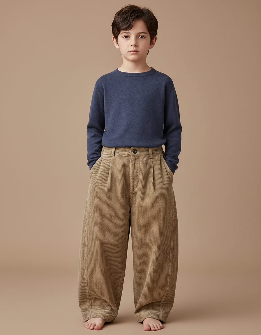 Pantalon Beige Côtelé Ample Enfant Décontracté Uni - Cordé
