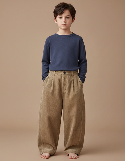 Pantalon Beige Côtelé Ample Enfant Décontracté Uni - Cordé