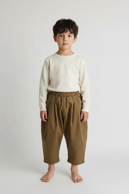 Pantalon Beige Ample Décontracté Enfant Coton Plissé - Kaki