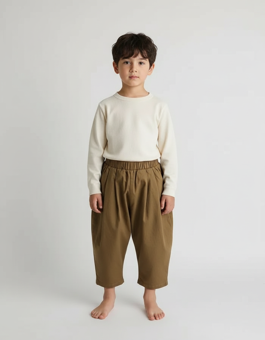 Pantalon Beige Ample Décontracté Enfant Coton Plissé - Kaki