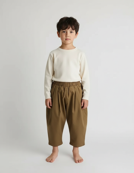 Pantalon Beige Ample Décontracté Enfant Coton Plissé - Kaki