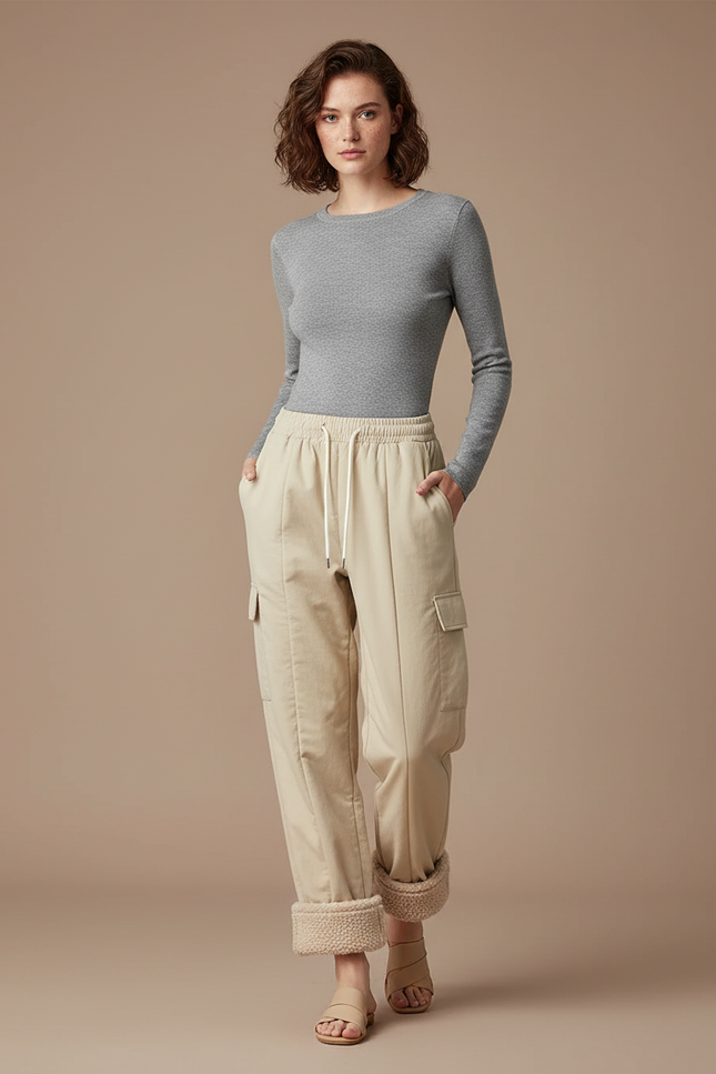 Pantalon Beige Cargo Molletonné Ample Confortable Femme
