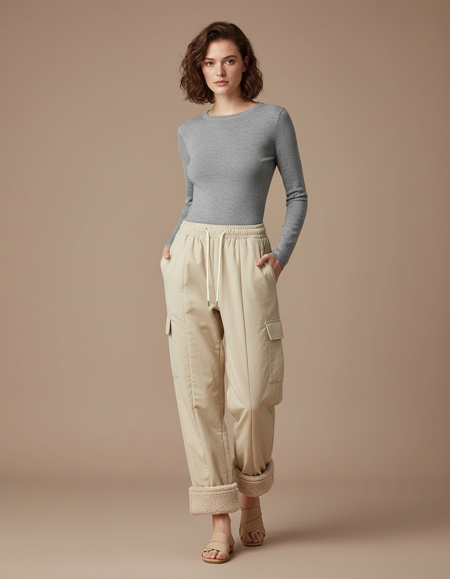 Pantalon Beige Cargo Molletonné Ample Confortable Femme