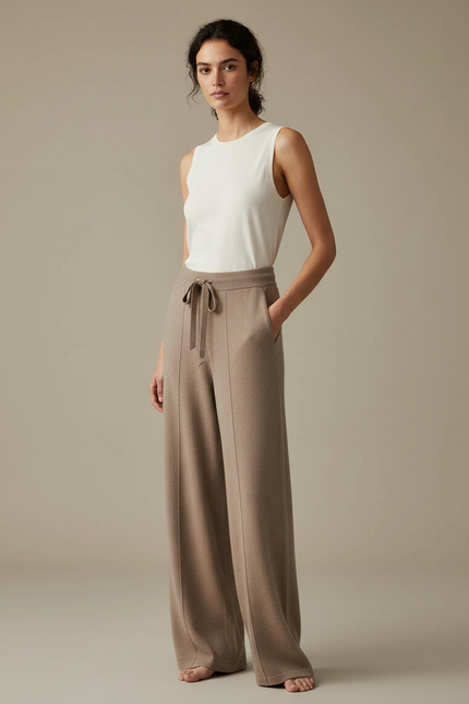 Pantalon Beige Ample Maille Tricoté Confortable Décontracté