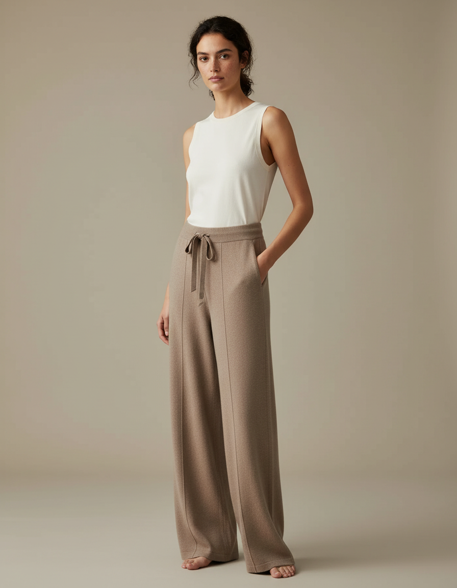 Pantalon Beige Ample Maille Tricoté Confortable Décontracté