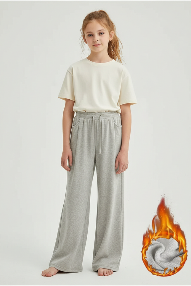 Pantalon Beige Molletonné Ample Confortable Fille - Gris