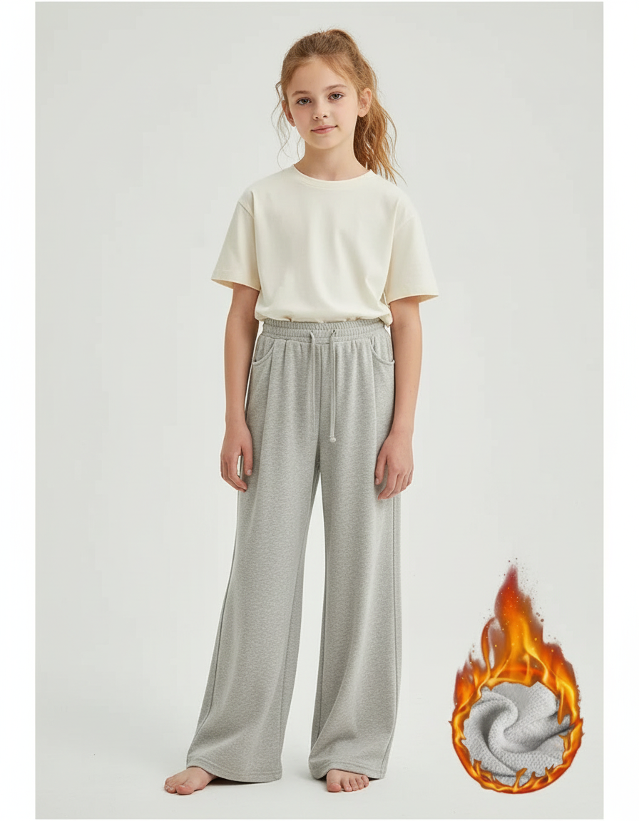 Pantalon Beige Molletonné Ample Confortable Fille - Gris