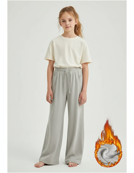 Pantalon Beige Molletonné Ample Confortable Fille - Gris