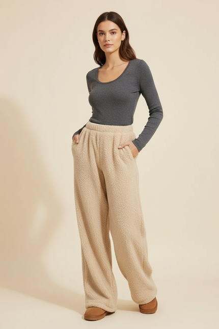 Pantalon Beige Polaire Ample Décontracté Chaud Femme - Molleton