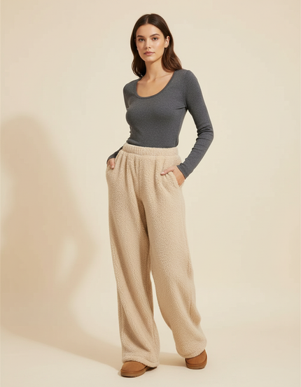 Pantalon Beige Polaire Ample Décontracté Chaud Femme - Molleton