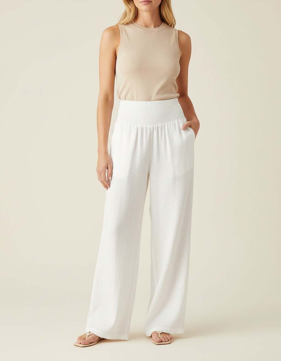 Pantalon Beige Ample Fluide Lin Taille Haute - Blanc