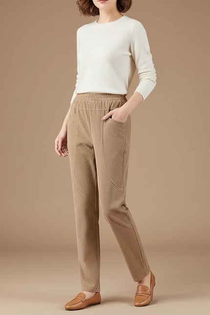 Pantalon Beige Côtelé Droit Taille Élastique Décontracté - Cordé