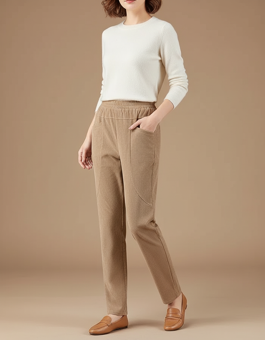 Pantalon Beige Côtelé Droit Taille Élastique Décontracté - Cordé