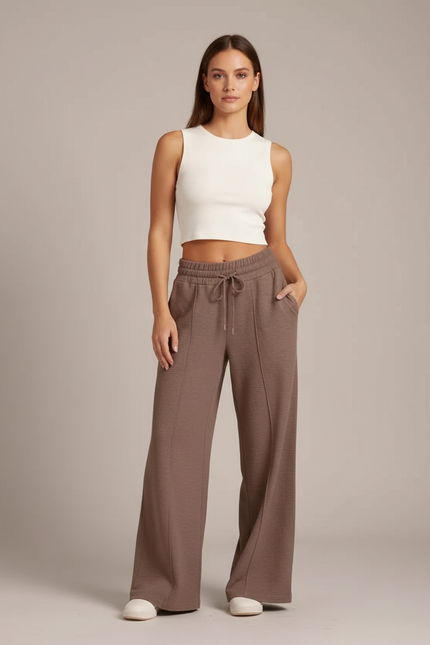 Pantalon Beige, Ample, Fluide, Taille Haute, Décontracté, Cordon - Marron Molleton