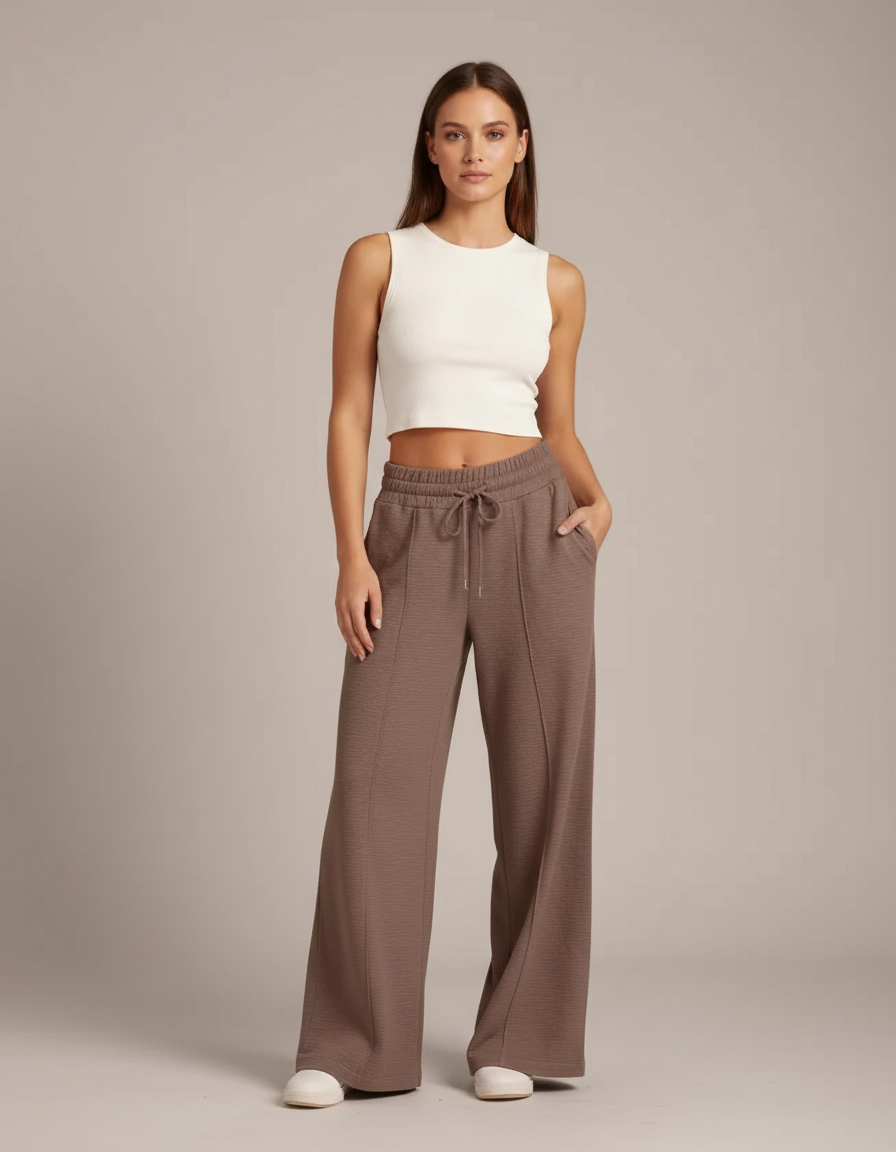 Pantalon Beige, Ample, Fluide, Taille Haute, Décontracté, Cordon - Marron Molleton