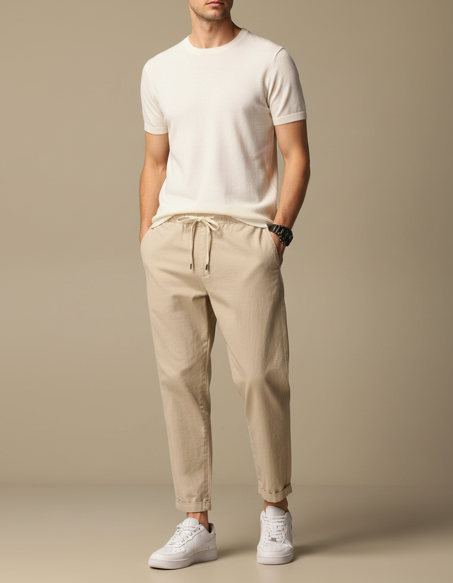 Pantalon Beige Coton Décontracté Cordon Slim Cheville