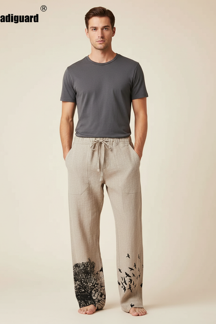 Pantalon Beige Lin Ample Imprimé Arbre Oiseaux Homme