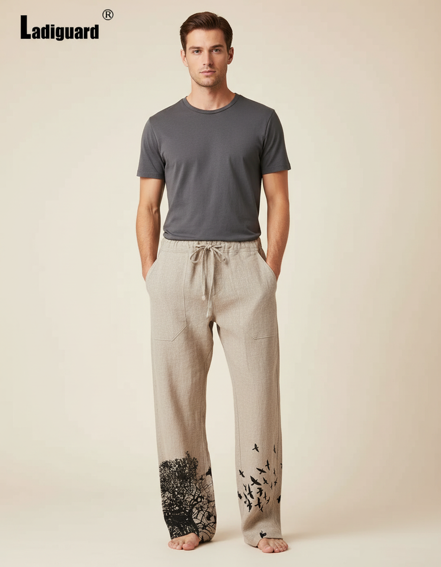 Pantalon Beige Lin Ample Imprimé Arbre Oiseaux Homme