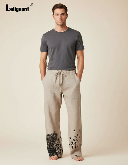 Pantalon Beige Lin Ample Imprimé Arbre Oiseaux Homme